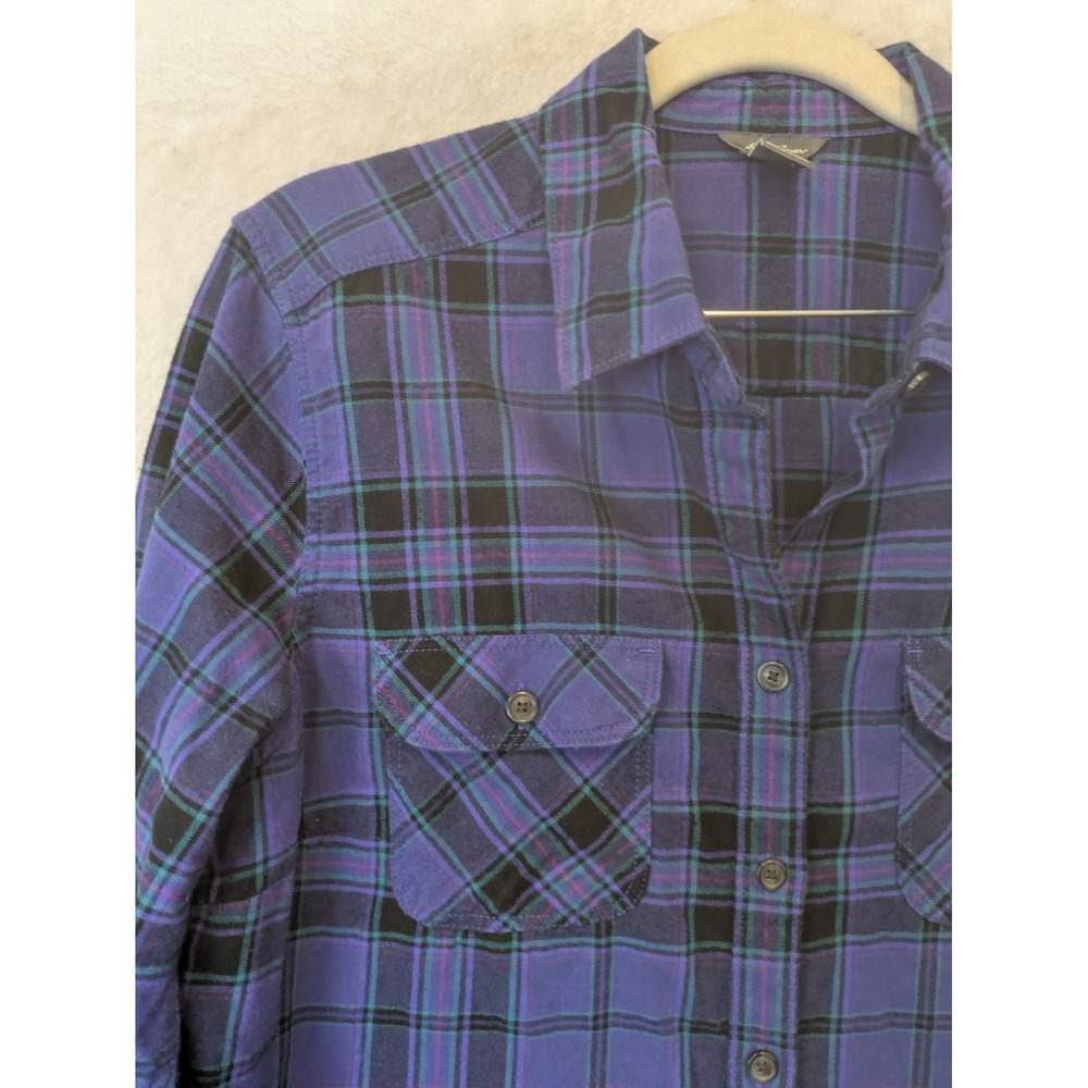 Eddie Bauer Flannel Button Front Women's Medium Purple Black Plaid Long Sleeve - Picture 3 of 8